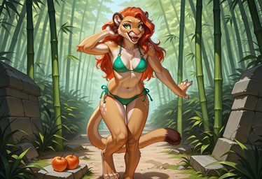 4_toes 5_fingers anthro apple arm_tuft bamboo barefoot bikini biped breasts brown_body brown_fur chest_tuft claws cleavage clothed clothing countershade_thighs countershade_torso countershading day detailed_background digitigrade dipstick_tail elbow_tuft exposure_variation eyebrows eyelashes fangs feet female fingers food forest front_view fruit fur grass green_bikini green_clothing green_eyes green_swimwear hair happy inner_ear_fluff leaf long_hair looking_at_viewer markings medium_breasts midriff multicolored_body multicolored_fur navel open_mouth open_smile orange_hair outside paws pink_nose plant red_hair rock side-tie_bikini skimpy smile solo standing string_bikini swimwear tail tail_markings tan_body tan_fur teeth thigh_gap toe_claws toes tongue tree tuft white_body white_fur crashbandit cougar felid feline mammal comfyui_(software) digital_media_(artwork) nai-diffusion-furry-3_(model) novafurryxl_(model) prompt_metainfo shaded