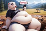 anthro bottomwear clothed clothing crop_top fur holding_object holding_phone leaning leaning_back male outside overweight phone shirt shorts sitting sitting_on_log solo speech_bubble topwear white_body white_fur ffox475 mammal mustela mustelid musteline stoat true_musteline hi_res