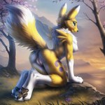 anthro blue_eyes bodily_fluids breasts butt canid canine digimon_(species) female fur genital_fluids genitals looking_at_viewer looking_back mammal neck_tuft nenvul nipples nude presenting pussy raised_tail rear_view renamon seductive smile solo tuft white_body white_fur yellow_body yellow_fur