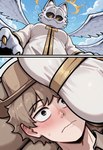 anthro black_eyes black_sclera breasts brown_clothing brown_hair brown_hat brown_headwear brown_shirt brown_topwear claws clothing cloud duo embarrassed face_to_breasts facial_tuft fangs female frieren_lap_pillow_(meme) fur hair halo hat headgear headwear high-angle_view lap_pillow looking_at_another looking_down low-angle_view lying_on_lap male male/female medium_breasts multi_wing not_furry robe seraph shirt sky smile surprise topwear whiskers white_body white_clothing white_fur white_robe white_wings wings yellow_eyes mlaofmd bad_monday_simulator garfield_(series) garfield_the_cat godfield_(lumpy_touch) domestic_cat felid feline felis human mammal cat_ears_(disambiguation) 2025 2koma absurd_res comic hi_res meme