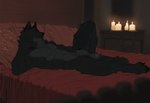 animal_genitalia anthro balls bed black_body black_fur candle claws digitigrade fully_sheathed fur furniture genitals grey_body grey_fur handpaw inside looking_away lying male multicolored_body multicolored_fur neck_tuft on_back orange_eyes pawpads paws pillow sheath solo table toe_claws tuft two_tone_body two_tone_fur takion canid canine canis mammal wolf hi_res