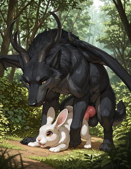 black_body black_fur brown_eyes doggystyle dragon_horn dragon_wings duo female feral forest from_behind_position fur horn knot male male/female mounting mythology nature plant sex size_difference tree white_body white_fur wings yellow_eyes cattorihanzo dragon hybrid lagomorph leporid mammal mythological_creature mythological_scalie rabbit scalie