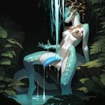 anthro antlers balls breasts dripping genitals gynomorph horn intersex jungle lizard_tail male pasties penis scales solo latentspaceman absurd_res hi_res