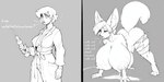 anthro big_breasts bodily_fluids breast_expansion breasts clothing curvaceous curvy_figure expansion female fur huge_breasts lactating multi_breast nipples seductive simple_background solo species_transformation thick_thighs transformation voluptuous white_body wide_hips blubtf canid canine canis fennec fox human mammal hi_res monochrome