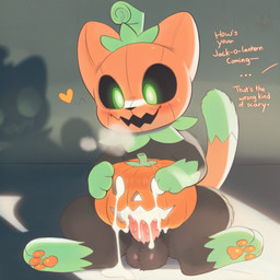 <3 animal_genitalia animal_penis balls bodily_fluids cum cum_drip cum_in_pumpkin cum_on_penis dialogue dripping feline_penis feral fluffy fluffy_balls fluffy_tail food fruit genital_fluids genitals glowing glowing_eyes holding_object jack-o'-lantern light male offscreen_character pawpads paws penetrating_pumpkin penis plant pumpkin pumpkin_head pumpkin_masturbation shadow shadow_face solo text minco pumkat felid mammal lighting
