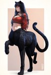 anthro black_body black_fur black_hair bottomless clothed clothing digitigrade female fur hair long_hair shirt simple_background smile solo spots topwear walking director_crashbandit felid felid_taur humanoid humanoid_taur mammal mammal_taur pantherine pantherine_taur taur attempted_signature hi_res novelai