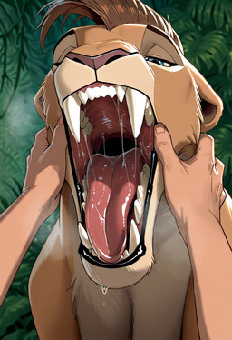 black_lips blue_eyes bodily_fluids female hand_on_cheek lips looking_at_another looking_at_partner mawplay mouth_shot open_mouth saliva sharp_teeth teeth amani_the_shaman felid feline lion mammal pantherine hi_res