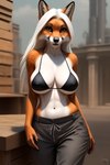 anthro attempted_signature bikini bikini_top black_nose bottomwear breasts brown_eyes canid canine clothing female fox fur hair hi_res inner_ear_fluff long_hair mammal navel pants red_body red_fur sagging_breasts smile solo stable_diffusion standing swimwear tuft white_hair work_clothes