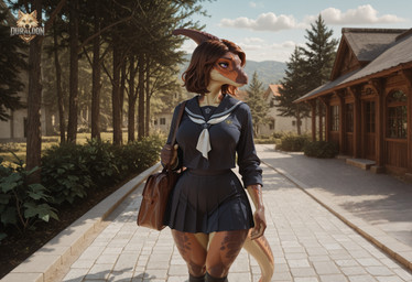 anthro bottomwear breasts brown_hair building clothing cloud day dinosaur_skin female footwear hair house knee_highs knee_socks legwear light looking_aside looking_to_the_side medium_breasts mountains neckerchief orange_body plant pleated_skirt reflection sailor_top sailor_uniform satchel school_uniform skirt sky socks solo standing stone_road sunlight tail thigh_highs tree uniform violet_eyes walking walking_towards_viewer window duraldon dinosaur hadrosaurid ornithischian parasaurolophus reptile scalie hi_res