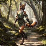 anthro barefoot belt canid canine chest_tuft clothed clothing degenstoic detailed detailed_background detailed_fur digitigrade feet female flat_chested fluffy fluffy_tail forest gloves_(marking) green_eyes hi_res leg_markings light light_beam looking_at_viewer mammal maned_wolf markings neck_tuft plant seductive shirt smile socks_(marking) solo sunbeam sunlight topwear tree tuft tunic walking whiskers