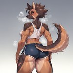 anthro athletic athletic_anthro athletic_female bodily_fluids bottomwear breath clothing female looking_back panting rear_view red_eyes scar serious shirt shorts simple_background solo steam sweat sweating_profusely tank_top topwear lewd_madlad canid canine canis domestic_dog german_shepherd herding_dog mammal pastoral_dog hi_res