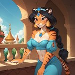 anthro black_hair brown_eyes circlet clothed clothing female fur gem hair harem_outfit jewelry looking_away necklace off_shoulder orange_body orange_fur pink_nose solo striped_body striped_fur stripes tied_hair topwear tube_top sagrael princess_jasmine_(disney) felid mammal pantherine tiger hi_res