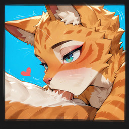 anthro balls border duo faceless_character faceless_male fellatio female fur genitals inner_ear_fluff male male/female oral orange_body orange_fur penile penis_in_mouth pink_nose sex simple_background striped_body striped_fur stripes teal_eyes tuft whiskers white_body white_fur xerberus0 domestic_cat felid feline felis mammal