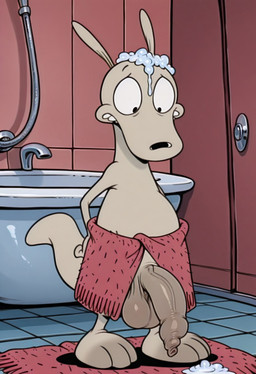 anthro balls barefoot bath bathroom bathtub big_balls big_penis darkened_genitalia feet foreskin foreskin_overhang genitals hands_on_hips huge_balls humanoid_genitalia humanoid_penis long_foreskin looking_down male mostly_nude penis saggy_balls solo suds tan_body thick_penis towel towel_around_waist unretracted_foreskin vein veiny_penis boxen549 nickelodeon rocko's_modern_life rocko_rama macropod mammal marsupial wallaby hi_res