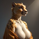 animal_ears animal_nose anthro big_breasts breasts cleavage clothed clothing depth_of_field detailed_fur female fur glistening glistening_eyes inside light off_shoulder realistic simple_background solo spots spotted_body spotted_fur sunlight volumetric_lighting whiskers redstallion_(director) cheetah felid feline mammal bust_portrait detailed portrait tagme