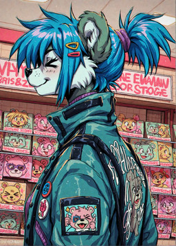 1990s accessory anthro badge blue_hair close-up clothing female fluffy fur future grey_body grey_fur hair hair_accessory hair_tie hairclip jacket low-angle_view ponytail short_hair smile solo store straps streetwear topwear holo_(director) mammal ursid absurd_res hi_res