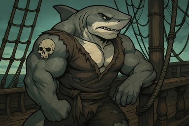 5_fingers anthro arm_support arm_tattoo biceps big_biceps big_deltoids big_forearm_muscles big_muscles big_trapezius big_triceps biped boat bottomwear broad_shoulders brown_bottomwear brown_clothing brown_pants brown_shirt brown_topwear clothed clothed_anthro clothed_male clothing countershade_face countershade_neck countershade_skin countershade_torso countershading day deltoids detailed_background dorsal_fin fin fingers fist forearm_muscles gills grey_body grey_skin head_fin huge_biceps huge_forearm_muscles huge_muscles huge_triceps humanoid_hands light light_body light_countershading looking_away male manly multicolored_body multicolored_skin muscular muscular_anthro muscular_arms muscular_male outside pants pecs pirate pose rope sea sharp_teeth ship shirt shoulder_tattoo skull_tattoo sky solo standing tattoo teeth thick_neck three-quarter_view topwear torn_bottomwear torn_clothing torn_pants torn_shirt torn_topwear trapezius triceps two_tone_body two_tone_skin vehicle water watercraft white_body white_countershading white_skin zenithwolf fish great_white_shark lamnid lamniform marine shark 3:2 cel_shading detailed digital_drawing_(artwork) digital_media_(artwork) hi_res lighting portrait shaded story story_in_description three-quarter_portrait