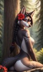 accessory anthro black_body black_fur black_hair black_nose braided_hair butt canid canine canis day detailed detailed_fur female flower flower_in_hair forest forest_background fur grey_body grey_fur hair hair_accessory hi_res inner_ear_fluff looking_at_viewer looking_back looking_back_at_viewer mammal markings multicolored_body multicolored_fur nature nature_background nude outdoors plant rear_view red_eyes sitting smile solo tree tuft two_tone_body two_tone_fur white_body white_fur wolf wolfik