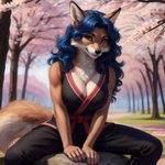 anthro breasts cherry_blossom female looking_at_viewer martial_arts_uniform plant rock sitting sportswear spread_legs spreading rebelrenbase carmelita_fox canid canine fox humanoid mammal hi_res