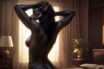 anthro back_boob bed bedroom black_body black_fur blizzard_entertainment breasts canid canine female fur furniture green_eyes hands_behind_head kauket kauket_blackmoore mammal nipples nude rear_view solo warcraft were werecanid werecanine worgen world_of_warcraft