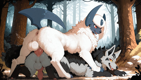 all_fours anal anal_penetration animal_genitalia animal_penis anus backsack balls black_body black_fur blush bodily_fluids butt canine_genitalia canine_penis claws day detailed_background doggystyle duo erection fangs feral feral_on_feral feral_penetrated feral_penetrating feral_penetrating_feral finger_claws forest from_behind_position fur genital_fluids genitals grass grey_body grey_fur horn interspecies knot looking_back looking_pleasured male male/male male_on_top male_penetrated male_penetrating male_penetrating_male nature on_top open_mouth outside outside_sex pawpads paws penetration penile penile_penetration penis penis_in_ass pink_penis plant quadruped rear_view red_eyes sex smile tail teeth toe_claws tongue tongue_out tree tuft white_balls white_body white_fur yellow_sclera towersmash nintendo pokemon absol canid canine generation_3_pokemon mammal mightyena pokemon_(species) hi_res shaded