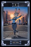 4_fingers anthro belt belt_buckle breasts car card city city_background cleavage clothed clothing disney female fingers fortune_telling fur grey_body grey_fur looking_up outstretched_arms police_badge police_officer police_uniform purple_eyes road short_tail sky smile solo street sunrise tarot tarot_card uniform vehicle walking zootopia trickypride judy_hopps lagomorph leporid mammal rabbit absurd_res hi_res watermark