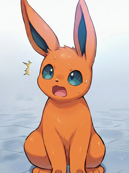 ambiguous_gender bodily_fluids embarrassed feral fur open_mouth orange_body orange_fur paws sitting solo sweat teal_eyes tongue kaigamiaikemono nintendo pokemon eeveelution flareon generation_1_pokemon pokemon_(species) 2025 hi_res