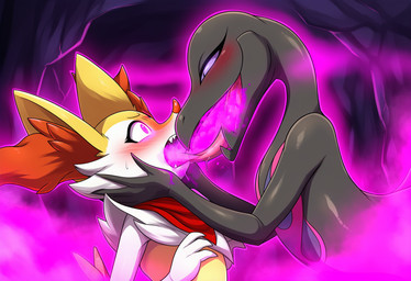 ambiguous_gender anthro aphrodisiac ascot black_body black_scales breath breath_cloud cave clothing female female/ambiguous fog fur kissing pheromones scales tongue tongue_out torch yellow_body yellow_fur stressedout nintendo pokemon braixen canid canine fox generation_6_pokemon generation_7_pokemon lizard mammal pokemon_(species) reptile salazzle scalie