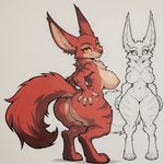 anthro big_breasts big_butt breasts butt cheek_tuft digitigrade facial_tuft fangs female fluffy fluffy_tail fur neck_tuft rear_view red_body red_fur short_stack smile smiling_at_viewer solo striped_body striped_fur stripes thick_thighs tuft wide_hips yellow_eyes slingsting warcraft canid canine fox mammal vulpera hi_res