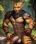 abs anthro balls bethesda_softworks bodily_fluids cape clothing cum cumshot ejaculation felid feline foreskin forest fur genital_fluids genitals khajiit looking_at_viewer male mammal muscular muscular_anthro muscular_male navel orange_body orange_fur penis plant riseflux solo the_elder_scrolls tree yellow_eyes