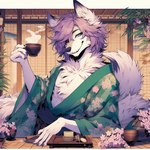 anthro asian_clothing bing_image_creator blue_eyes canid canine chest_tuft clothing container cup east_asian_clothing flower fluffy fluffy_body fluffy_ears fluffy_tail fur hair holding_object inside japanese_clothing kimono looking_at_viewer male mammal multi_tail neck_tuft plant purple_hair smile smiling_at_viewer solo steam tuft white_body white_fur