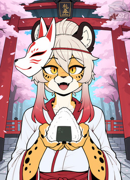 animal_mask anthro asian_clothing big_breasts breasts clothing detailed_background east_asian_clothing female fox_mask fur gradient_hair hair hair_bun highlights_(coloring) japanese_clothing kimono long_locks looking_at_viewer mask natsumi_(floof_inspector) offering_to_viewer onigiri platinum_blonde_hair red_highlights rice_ball smile solo spots spotted_body spotted_fur yellow_body yellow_eyes yellow_fur official_floof_inspector cheetah felid feline felis mammal absurd_res hi_res
