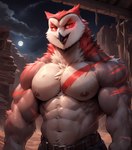 anthro beak belt clothing desert detailed_background detailed_fur glowing glowing_eyes grey_body grey_skin hair looking_at_viewer male male/male moon muscualr muscular muscular_male night nipples scars smile solo standing star tattoo thick_neck white_body kuranoidss avian bird hybrid owl owlbear detailed hi_res