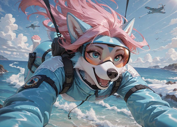 anthro backpack blue_body blue_fur clothing female fur hair jacket pink_hair shoreline smile solo topwear edge890 canid canine canis domestic_dog husky mammal nordic_sled_dog spitz