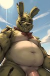 absurd_res anthro bodily_fluids genitals germvabas green_body half-closed_eyes hi_res light low-angle_view male male/male narrowed_eyes outside overweight penis sky slightly_chubby smile smirk solo springtrap_(fnaf) sunlight sweat