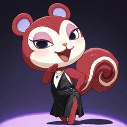 anthro black_clothing black_dress blue_eyes brown_body chibi clothing dress female formal_clothing jewelry laughing looking_at_viewer makeup necklace ohohoho ojousama open_mouth orange_nose purple_background red_body simple_background smug solo anonymous_director animal_crossing nintendo pecan_(animal_crossing) mammal rodent sciurid tree_squirrel hi_res