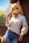 anthro blonde_hair blouse bottomwear brown_eyes clothing denim denim_clothing farm_girl female fur hair jeans pants pink_nose solo tan_body tan_fur topwear mindry gwen_(mindry) domestic_cat felid feline felis mammal