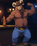 4_fingers alcohol anthro armpit_hair bar barefoot beard belly belt belt_buckle beverage blue_bottomwear blue_clothing blue_jeans blue_pants body_hair bottle bottomwear bovid_horn brown_body brown_fur caprine_horn chest_hair chest_tuft clothed clothing cloven_hooves cowboy_hat denim denim_bottomwear denim_clothing facial_hair feet fingers flexing_bicep front_view fur happy_trail hat headgear headwear holding_beverage holding_bottle holding_object hooves horn inside jeans looking_at_viewer male manly musclegut muscular muscular_anthro muscular_male navel night nipples pants pecs ram_horn slightly_chubby smile solo standing teeth topless topless_anthro topless_male tuft unguligrade fox1400 bighorn_sheep bovid caprine mammal sheep absurd_res full-length_portrait hi_res portrait watermark