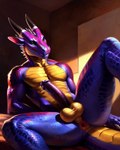 anthro anus arkdragon butt claws dragon erection genitals horn humanoid_genitalia humanoid_penis looking_at_viewer lying male on_back penis presenting presenting_anus presenting_hindquarters presenting_penis purple_body purple_scales red_body red_scales scales smile smiling_at_viewer solo wingless_dragon yellow_body yellow_scales