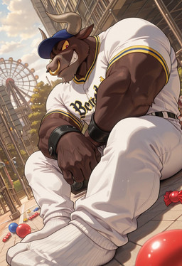 anthro baseball_cap baseball_uniform clothing facial_piercing hat headgear headwear male muscular mushasibo_benkei nose_piercing nose_ring piercing ring_piercing solo sportswear uniform yaiba kuri245bo bovid bovine cattle mammal hi_res