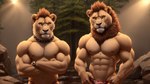 absurd_res anthro bumblebee95 clock clothed clothing collar crossed_arms duo felid hi_res lion male mammal mane muscular pantherine realistic underwear underwear_only wallpaper watch