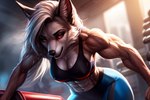 abs anthro background_gym canid canid_demon demon exercise female hellapoc hellhound loona_(helluva_boss) mammal simple_background slim solo sweating veiny_arms veiny_biceps