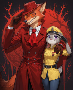 4_fingers anthro badge belt black_nose bottomwear breasts claws clothed clothing coat cosplay countershading crossover crossover_cosplay dipstick_ears dipstick_tail duo ear_markings eyewear facial_markings female fingers fully_clothed fur gesture glasses gloves grey_body grey_fur grin handwear hat head_markings headgear headwear inner_ear_fluff jacket long_ears looking_at_viewer male markings multicolored_body multicolored_ears multicolored_fur multicolored_tail necktie orange_body orange_fur pants pink_nose police police_uniform purple_eyes salute shirt short_tail simple_background size_difference smaller_female smile smiling_at_viewer standing tail tail_markings teeth topwear trenchcoat tuft uniform white_body white_fur alucard_(director) disney zootopia alucard_(hellsing) judy_hopps nick_wilde canid canine fox lagomorph leporid mammal rabbit red_fox absurd_res hi_res portrait