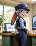 anthro breasts bulletproof_vest butt clothing computer desk disney female fur furniture looking_at_viewer office police_badge police_hat police_station police_uniform side_view small_breasts solo standing table uniform majorrenegade zootopia judy_hopps lagomorph leporid mammal rabbit detailed hi_res