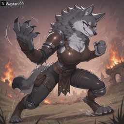 anthro armor big_breasts black_claws black_tail_tip breasts claws clothing cute_fangs digitigrade female fighting_pose fire fur grey_body grey_fur grin leather leather_clothing motion_lines neck_tuft paws pelvic_curtain pose pupils purple_eyes sharp_claws slit_pupils smile solo toeless_legwear tuft white_body white_fur weytani99 rusha_(weytani99) canid canine canis mammal wolf hi_res