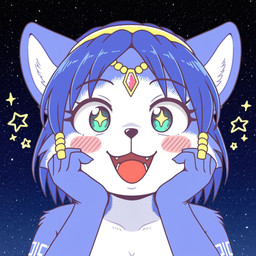 accessory anthro blue_body blue_fur blush female fur hair_accessory hairband inner_ear_fluff jewelry looking_at_viewer markings open_mouth open_smile simple_background smile solo tribal tribal_markings tuft white_body white_fur anonymous_director nintendo star_fox krystal_(star_fox) canid canine fox mammal