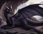 bb95_furry_mix black_body black_scales cave dragon female feral glowing glowing_eyes horn looking_at_viewer lying_on_side membrane_(anatomy) membranous_wings prompt prompt_metainfo scales scalie solo western_dragon wings