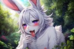 anthro blush bodily_fluids ears_up erection femboy fluffy fluffy_tail forest fur gesture long_ears male narrowed_eyes nipples plant purple_eyes saliva seductive solo suggestive suggestive_gesture tongue tongue_out tree white_body white_fur secretyiff lagomorph leporid mammal rabbit