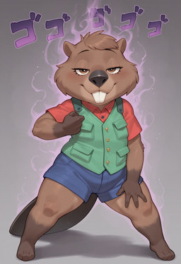 anthro aura blue_bottomwear blue_clothing blue_shorts bottomwear brown_body brown_eyes buckteeth clothing feet female hand_on_leg hand_on_thigh jojo_pose looking_at_viewer narrowed_eyes pose red_clothing red_shirt red_topwear shirt shorts solo teeth text topwear vest puffy_peter disney zootopia nibbles_maplestick beaver mammal rodent hi_res japanese_text