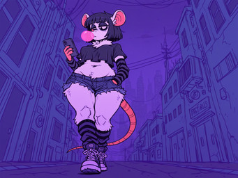 arm_warmers armwear bangs blunt_bangs bob_cut bottomwear cellphone clothing crop_top cutoffs denim denim_clothing female footwear leg_warmers legwear phone punk shirt shoes shorts slightly_chubby smartphone sneakers solo topwear arantonak mammal murid murine rat rodent absurd_res hi_res